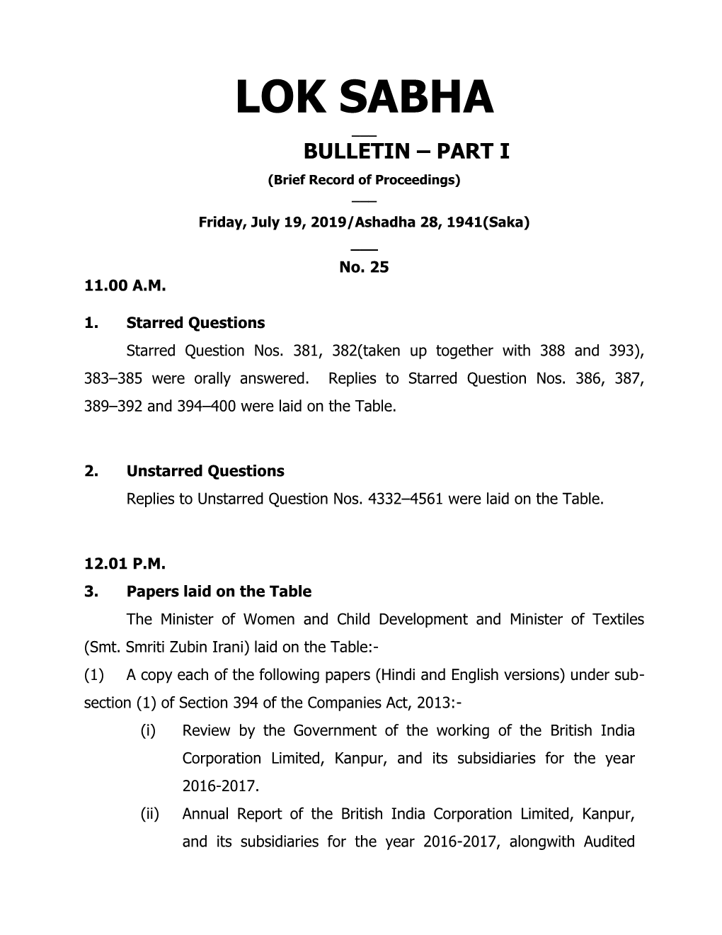 Lok Sabha ___ Bulletin – Part I