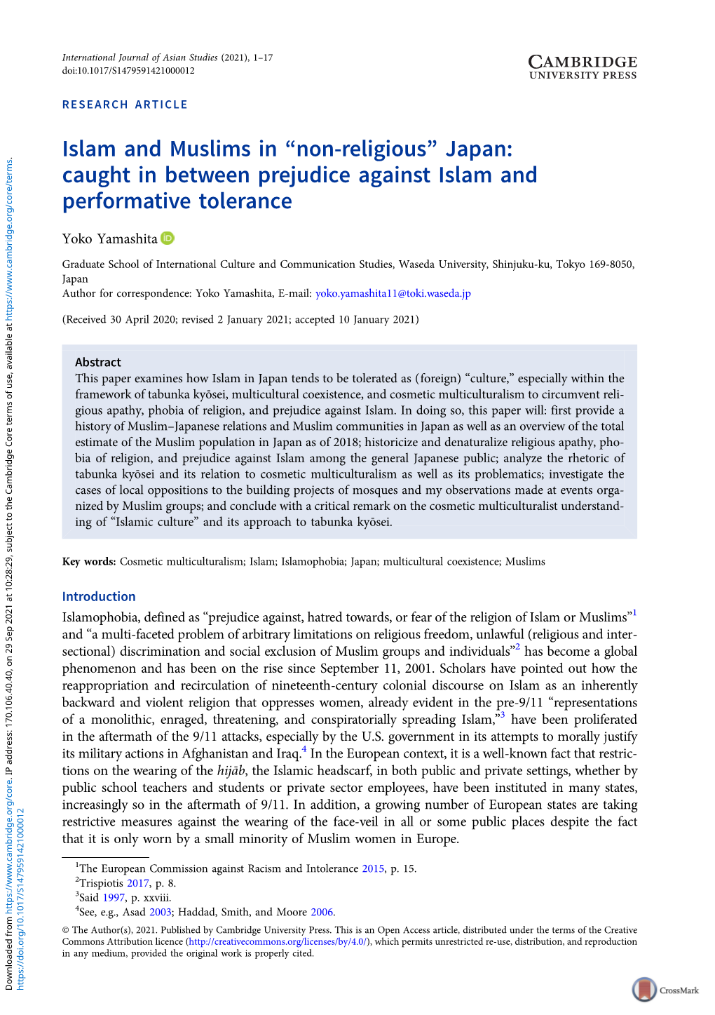 Islam and Muslims in “Non-Religious” Japan: Caught in Between Prejudice Against Islam