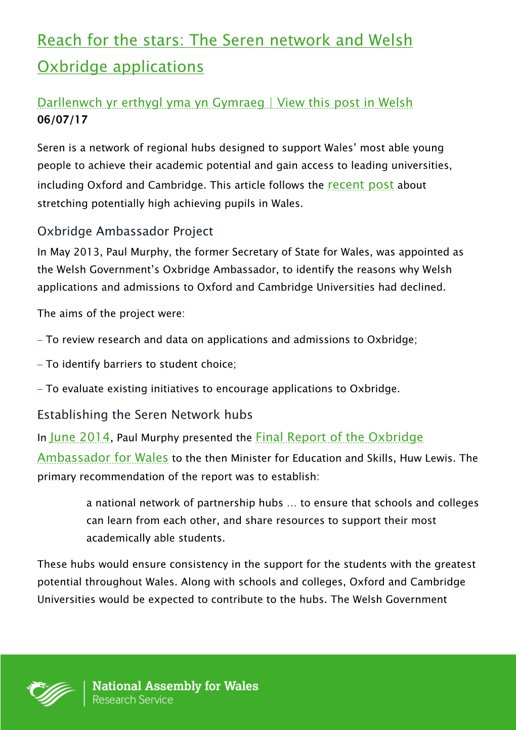 The Seren Network and Welsh Oxbridge Applications