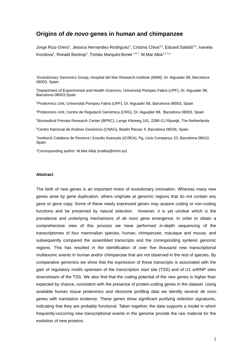 Origins of De Novo Genes in Human and Chimpanzee