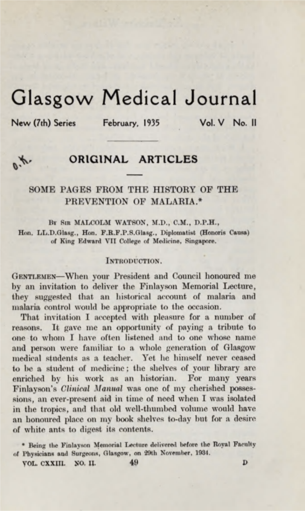 Some Pages from the History of the Prevention of Malaria."