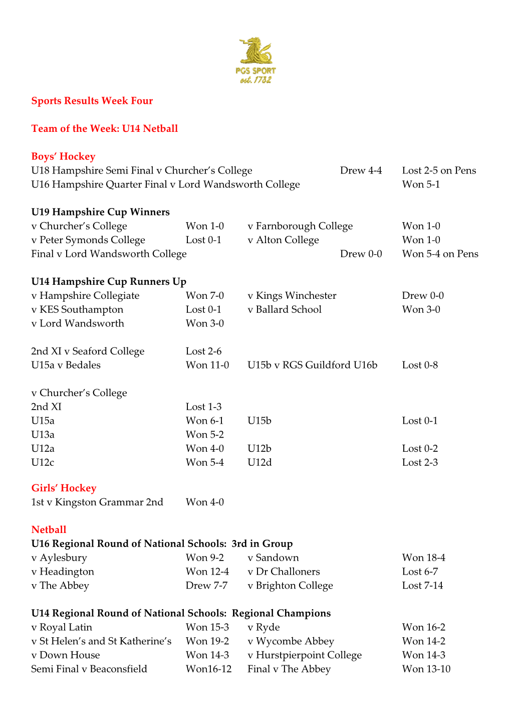 Sports Results-Week