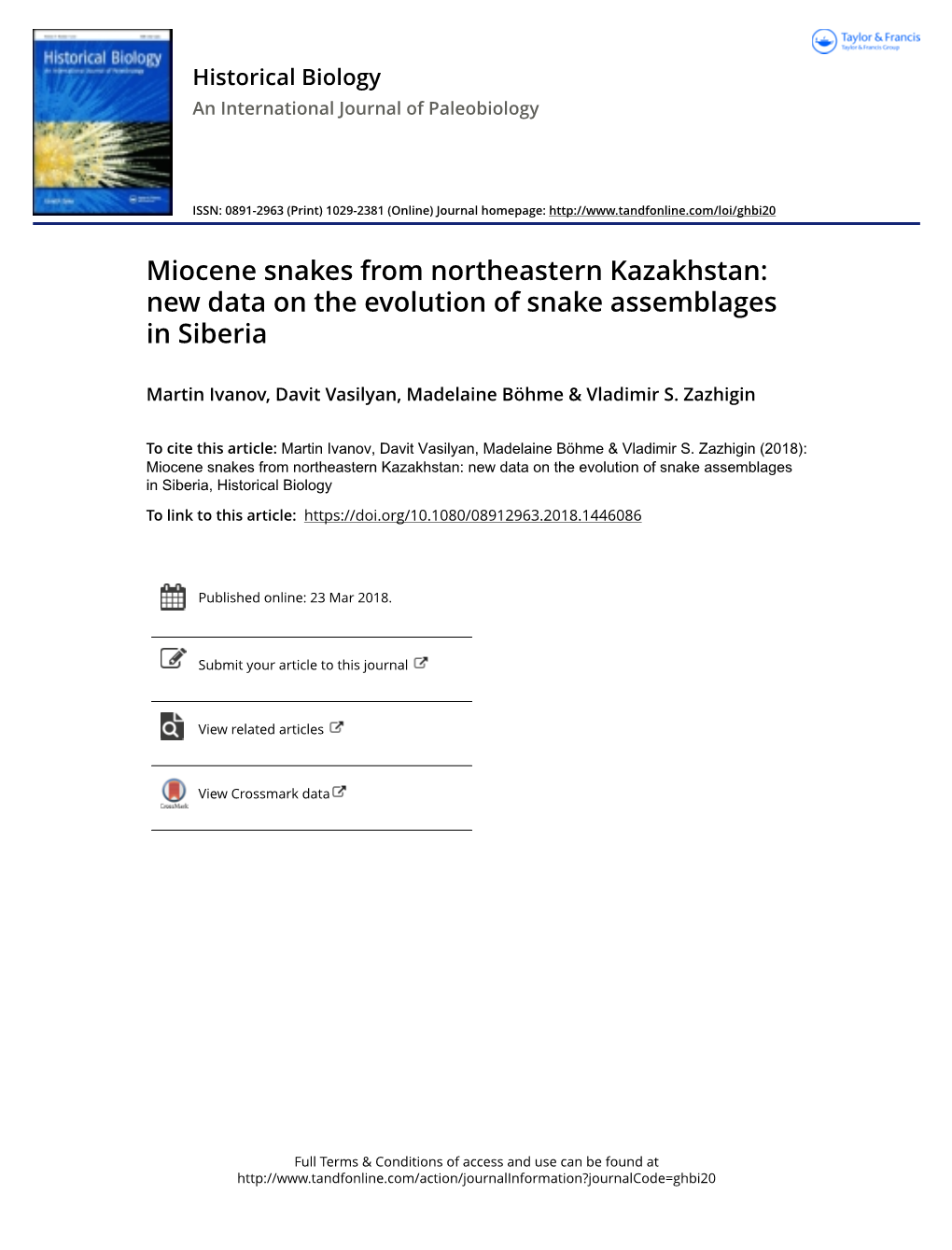 Miocene Snakes from Northeastern Kazakhstan: New Data on the Evolution of Snake Assemblages in Siberia