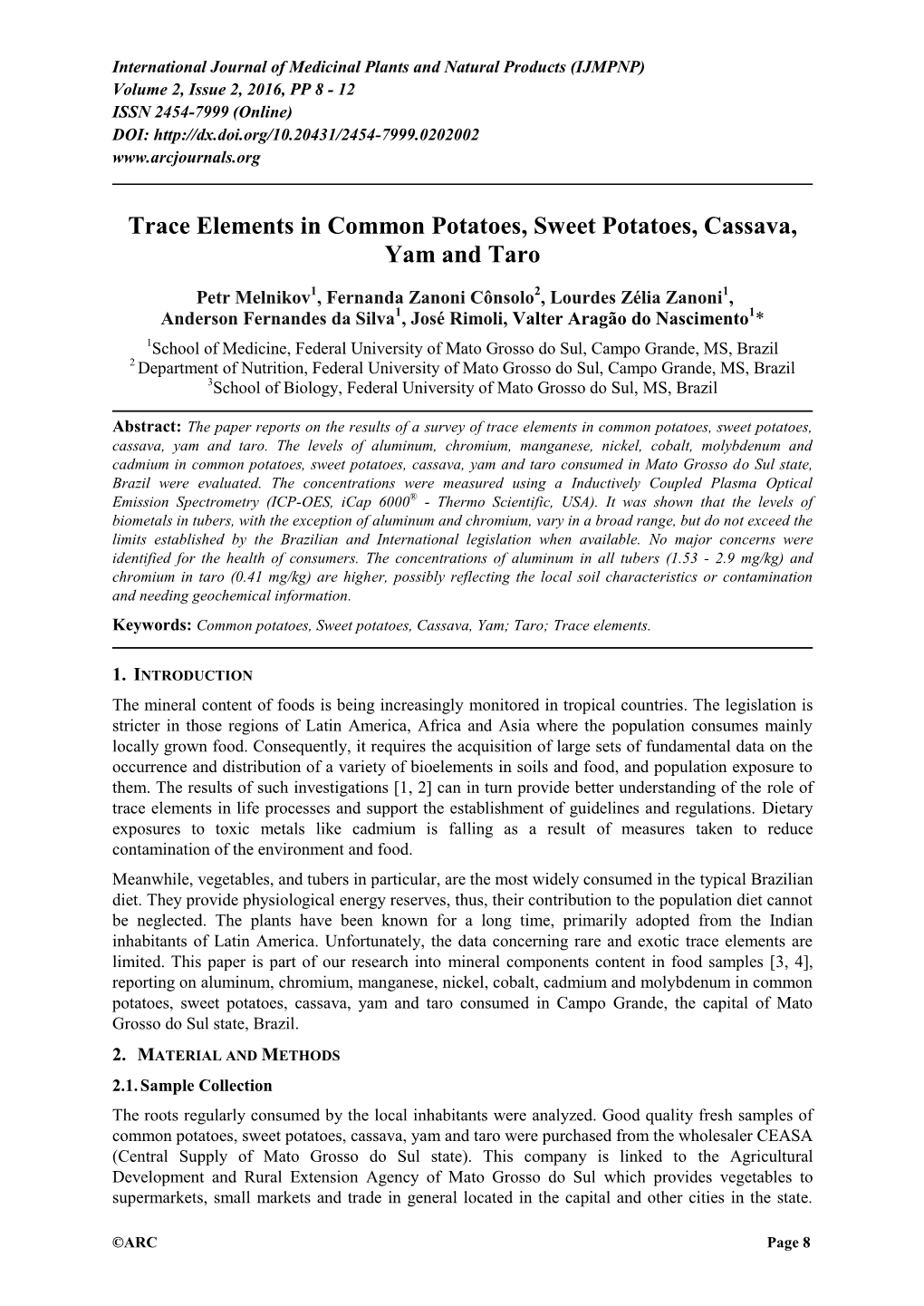 Trace Elements in Common Potatoes, Sweet Potatoes, Cassava, Yam and Taro