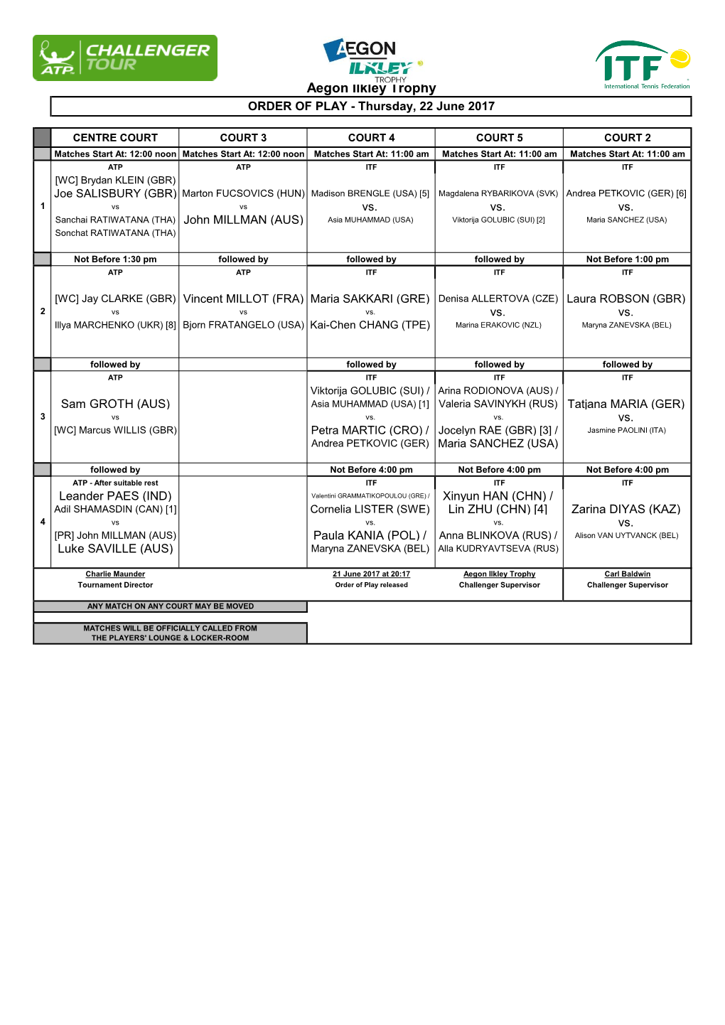 Aegon Ilkley Trophy ORDER of PLAY - Thursday, 22 June 2017