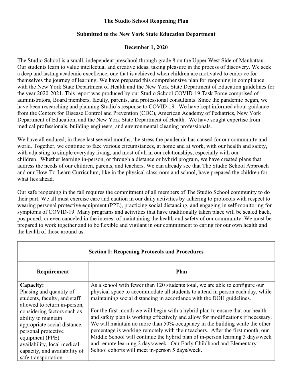 The Studio School Reopening Plan Submitted to the New York State Education Department December 1, 2020 the Studio School Is a Sm