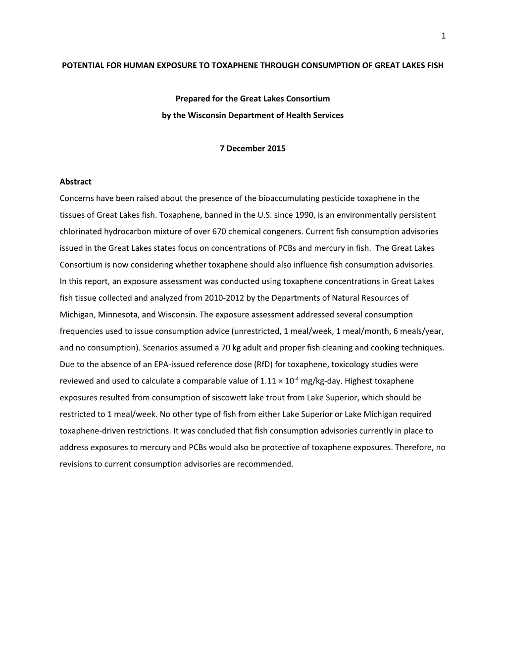 Potential for Human Exposure to Toxaphene Through Consumption of Great Lakes Fish