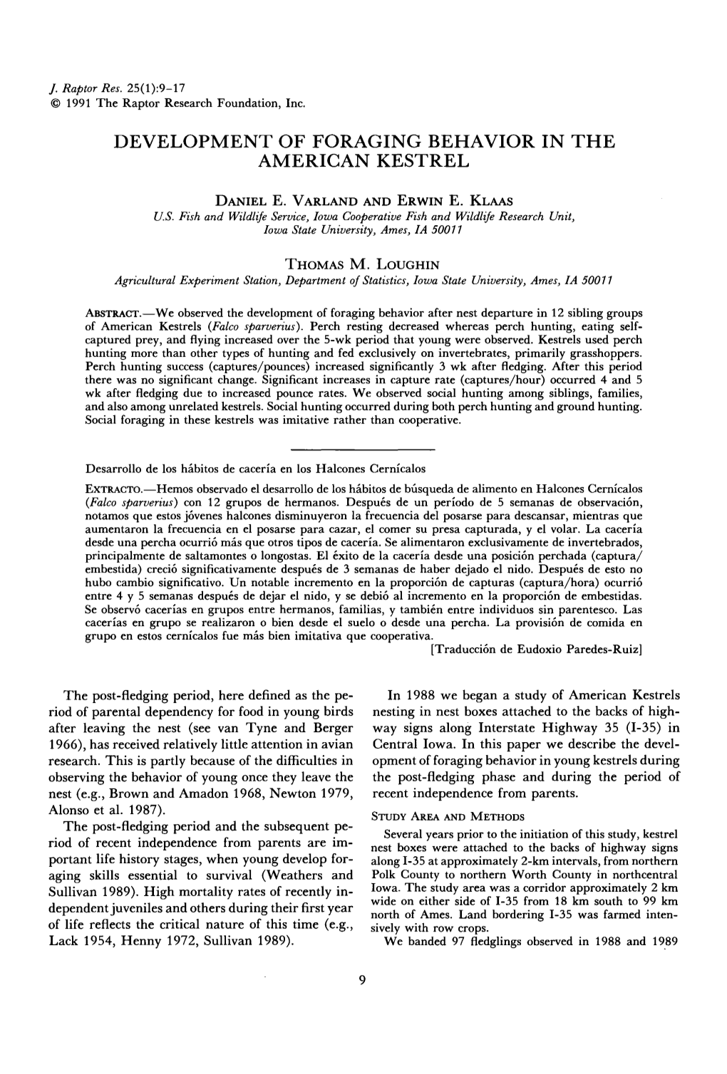 Development of Foraging Behavior in the American Kestrel