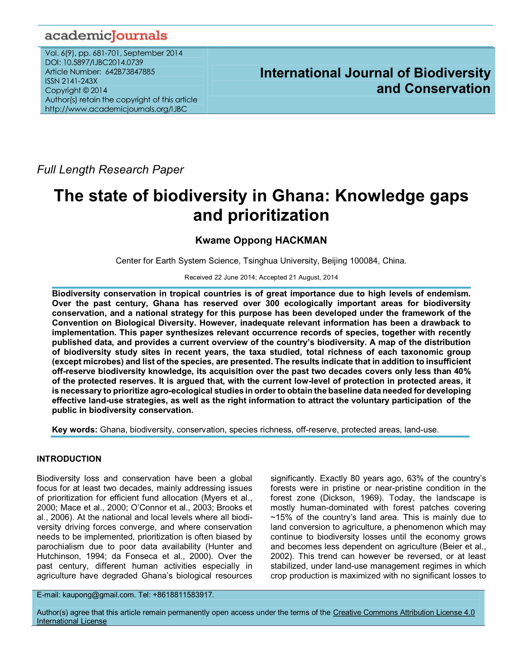 The State of Biodiversity in Ghana: Knowledge Gaps and Prioritization