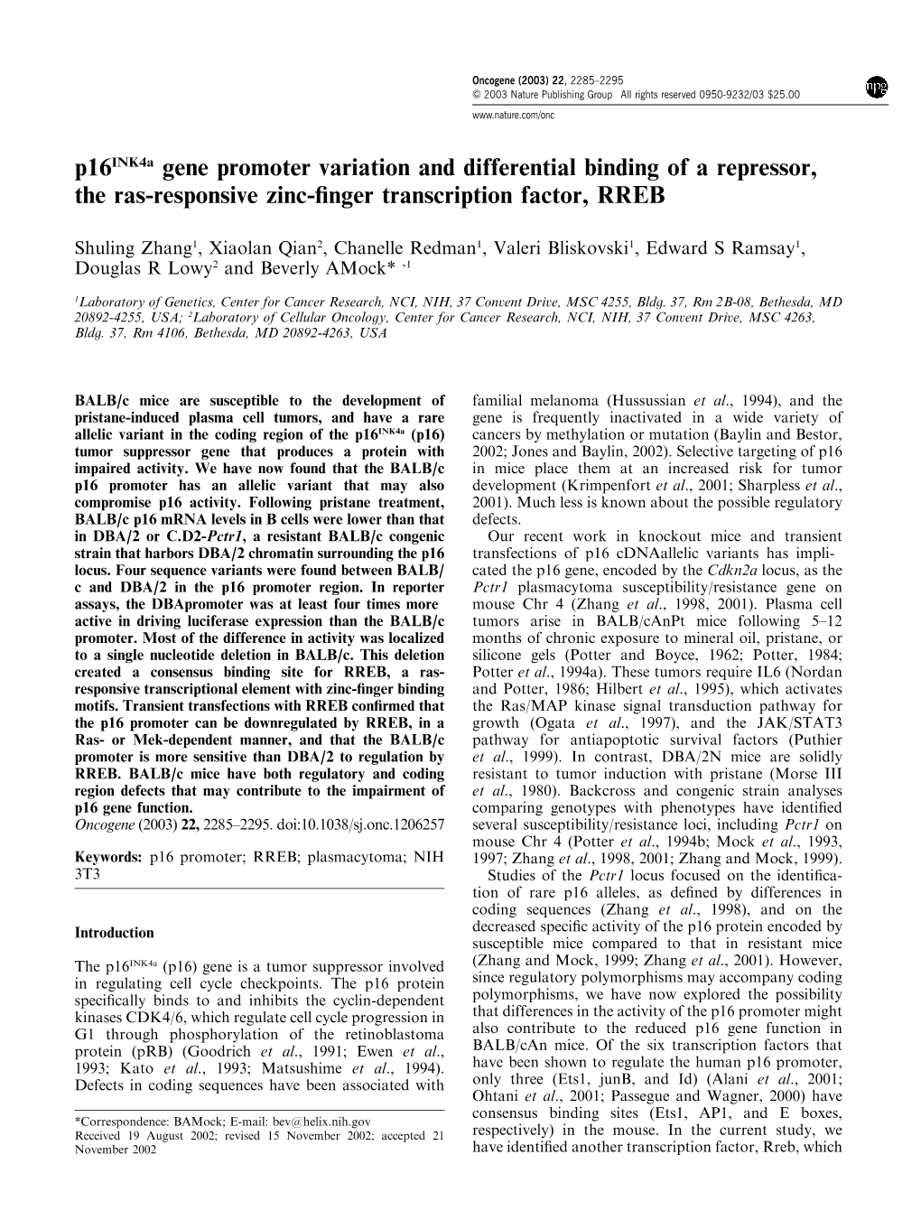 P16ink4a Gene Promoter Variation and Differential Binding of a Repressor, the Ras-Responsive Zinc-ﬁnger Transcription Factor, RREB