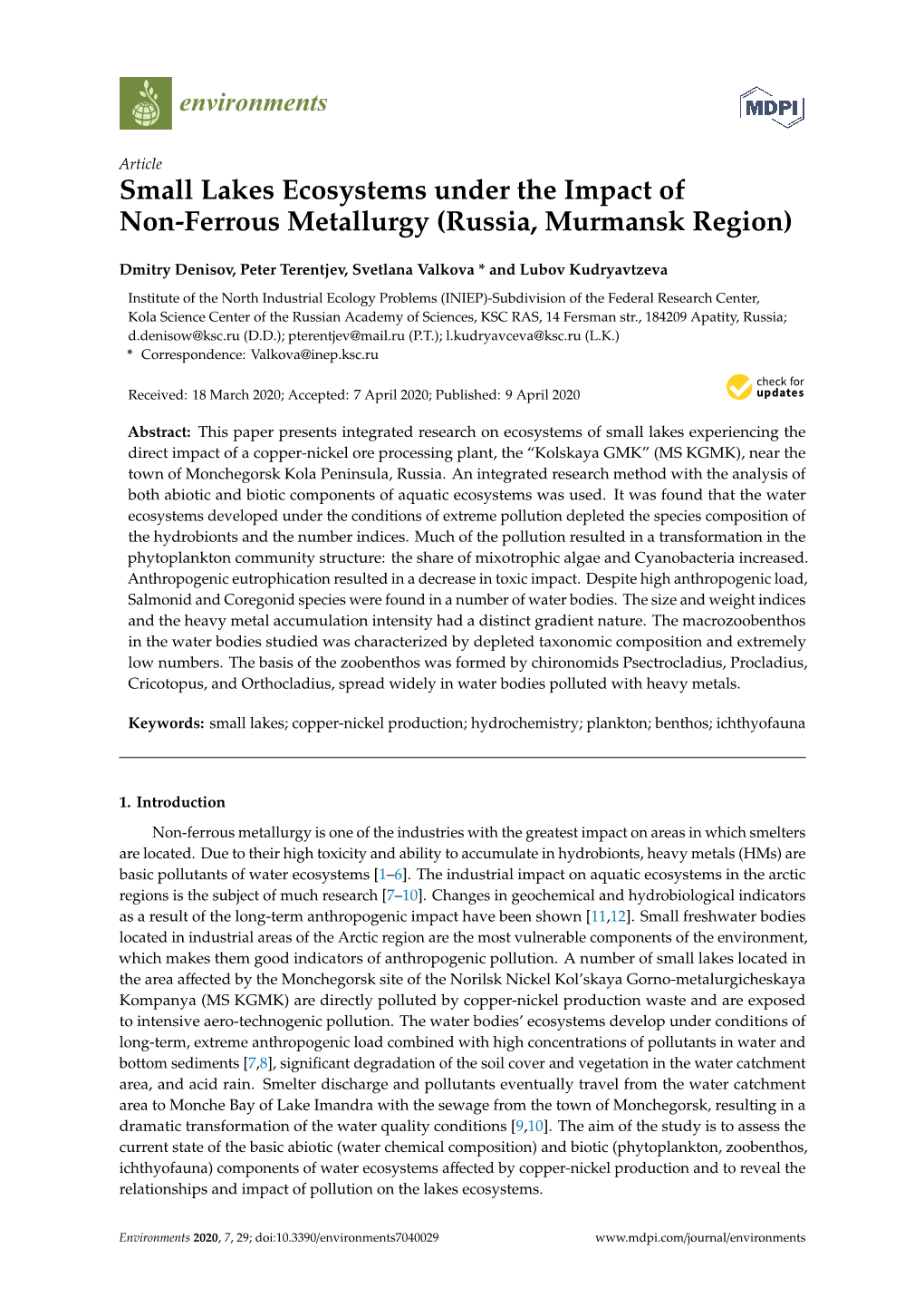 Small Lakes Ecosystems Under the Impact of Non-Ferrous Metallurgy (Russia, Murmansk Region)