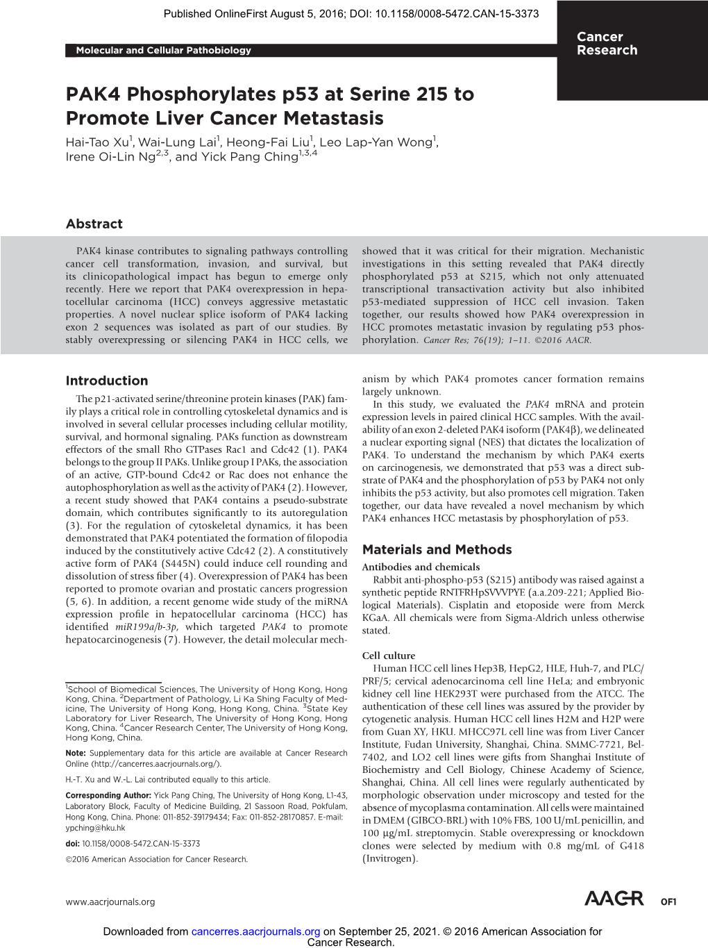 PAK4 Phosphorylates P53 at Serine 215 to Promote Liver Cancer