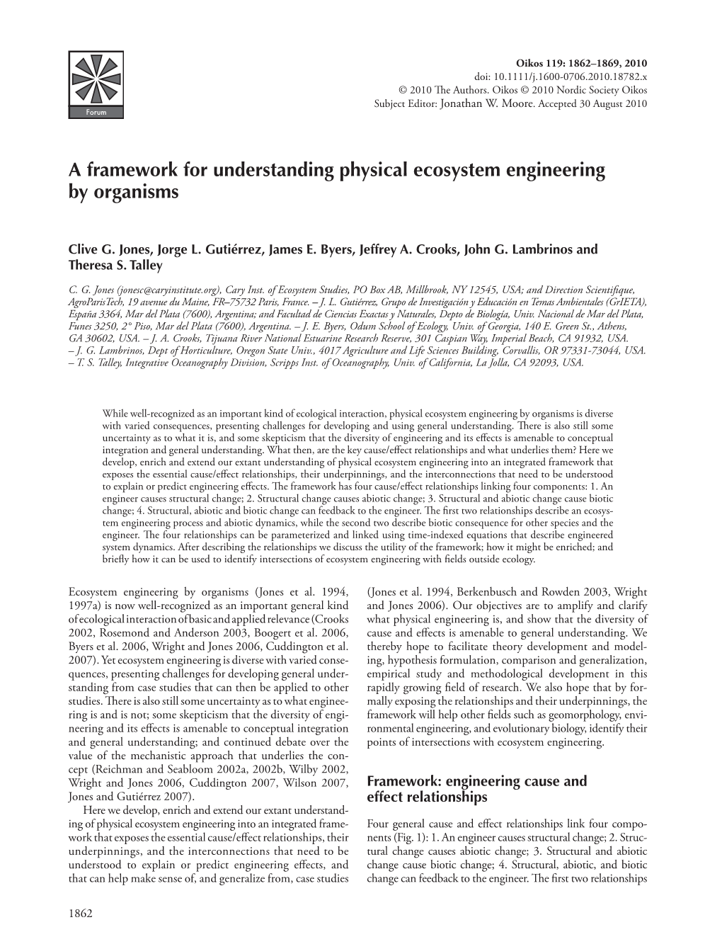 A Framework for Understanding Physical Ecosystem Engineering by Organisms