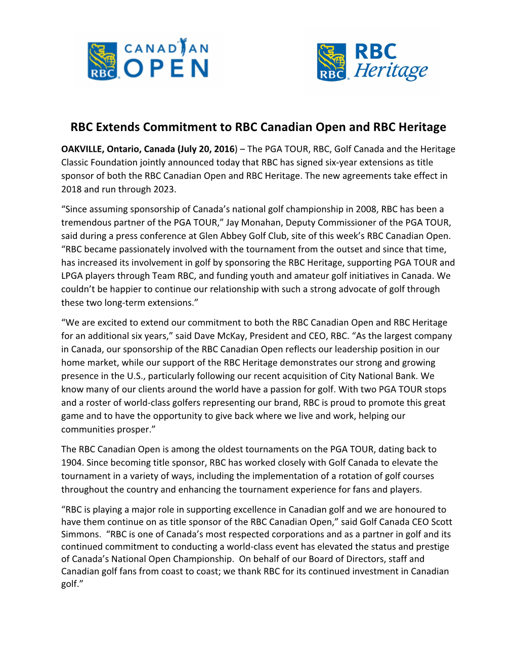 RBC Extends Commitment to RBC Canadian Open and RBC Heritage