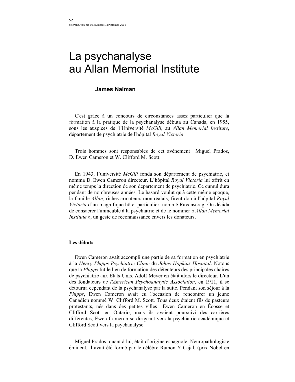 La Psychanalyse Au Allan Memorial Institute