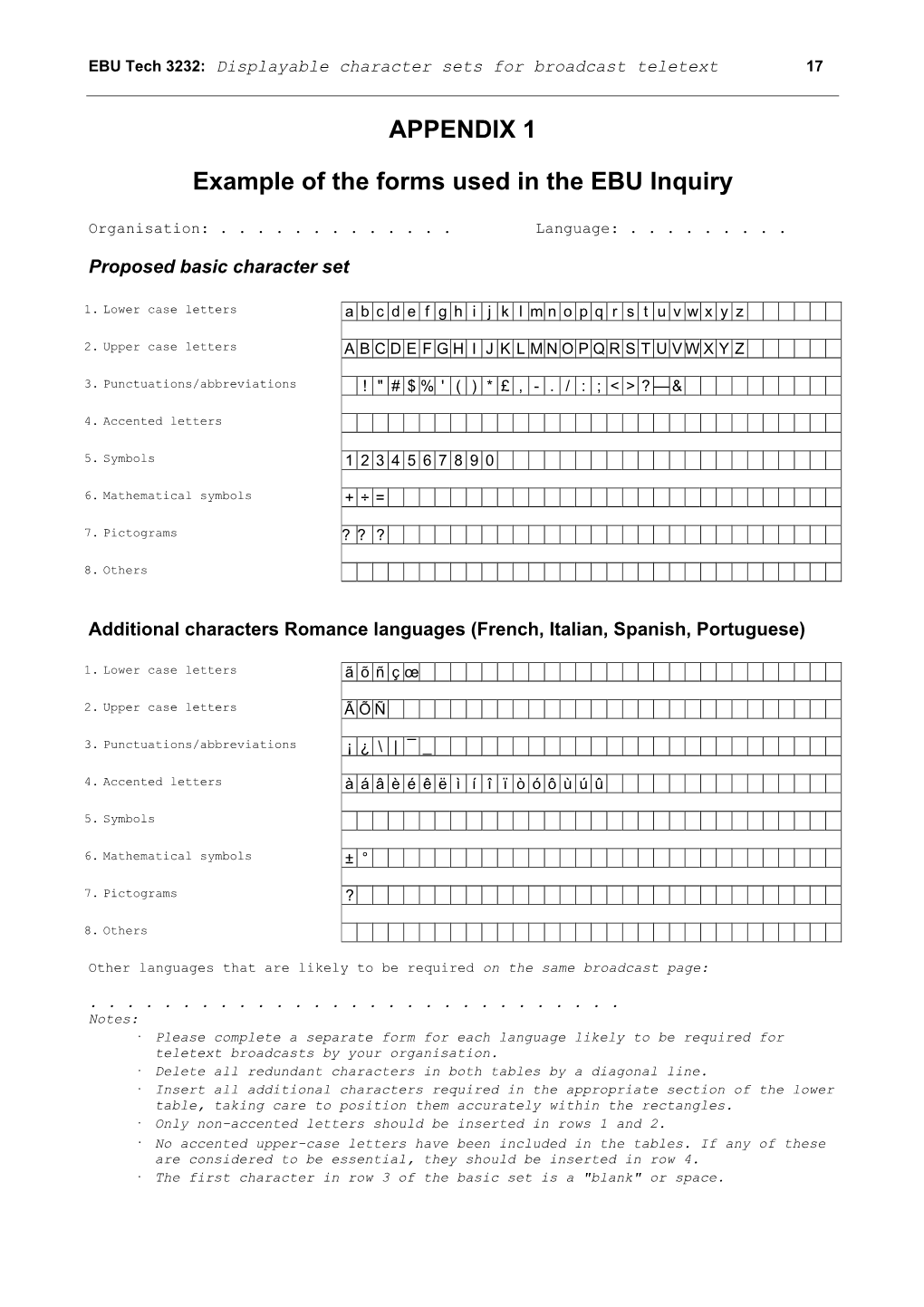 EBU Tech 3232A-1982 Displayable Character Set for Teletext, Apps