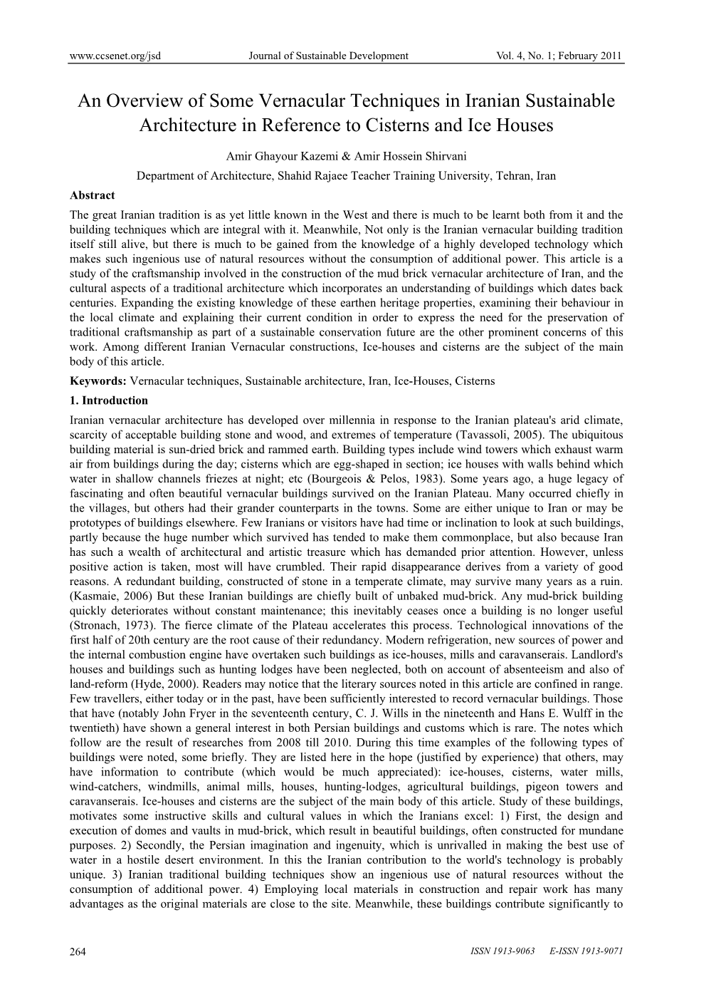 An Overview of Some Vernacular Techniques in Iranian Sustainable Architecture in Reference to Cisterns and Ice Houses