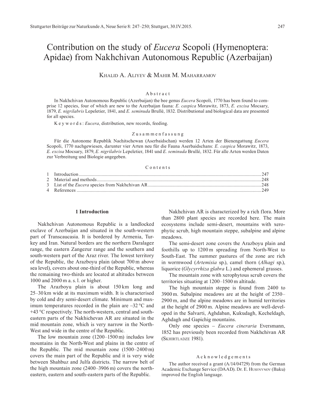 Hymenoptera: Apidae) from Nakhchivan Autonomous Republic (Azerbaijan)