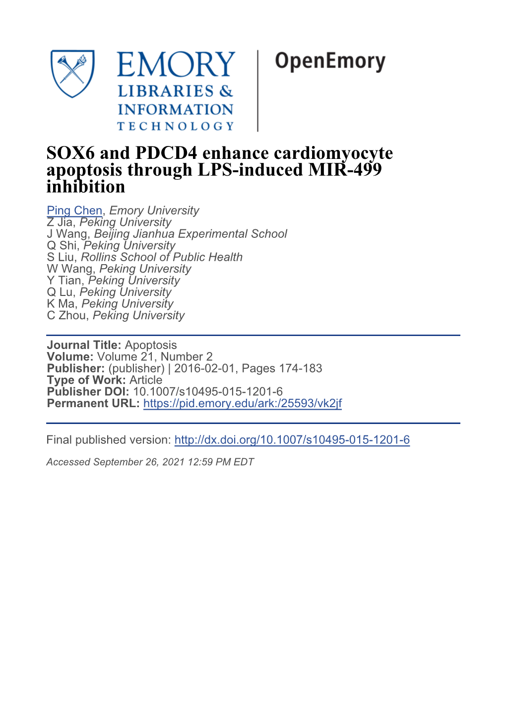 SOX6 and PDCD4 Enhance Cardiomyocyte