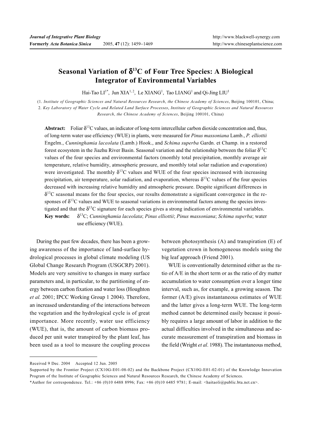 Seasonal Variation of Δ13c of Four Tree Species: a Biological Integrator of Environmental Variables