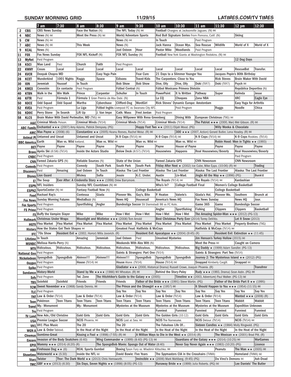 Sunday Morning Grid 11/29/15 Latimes.Com/Tv Times