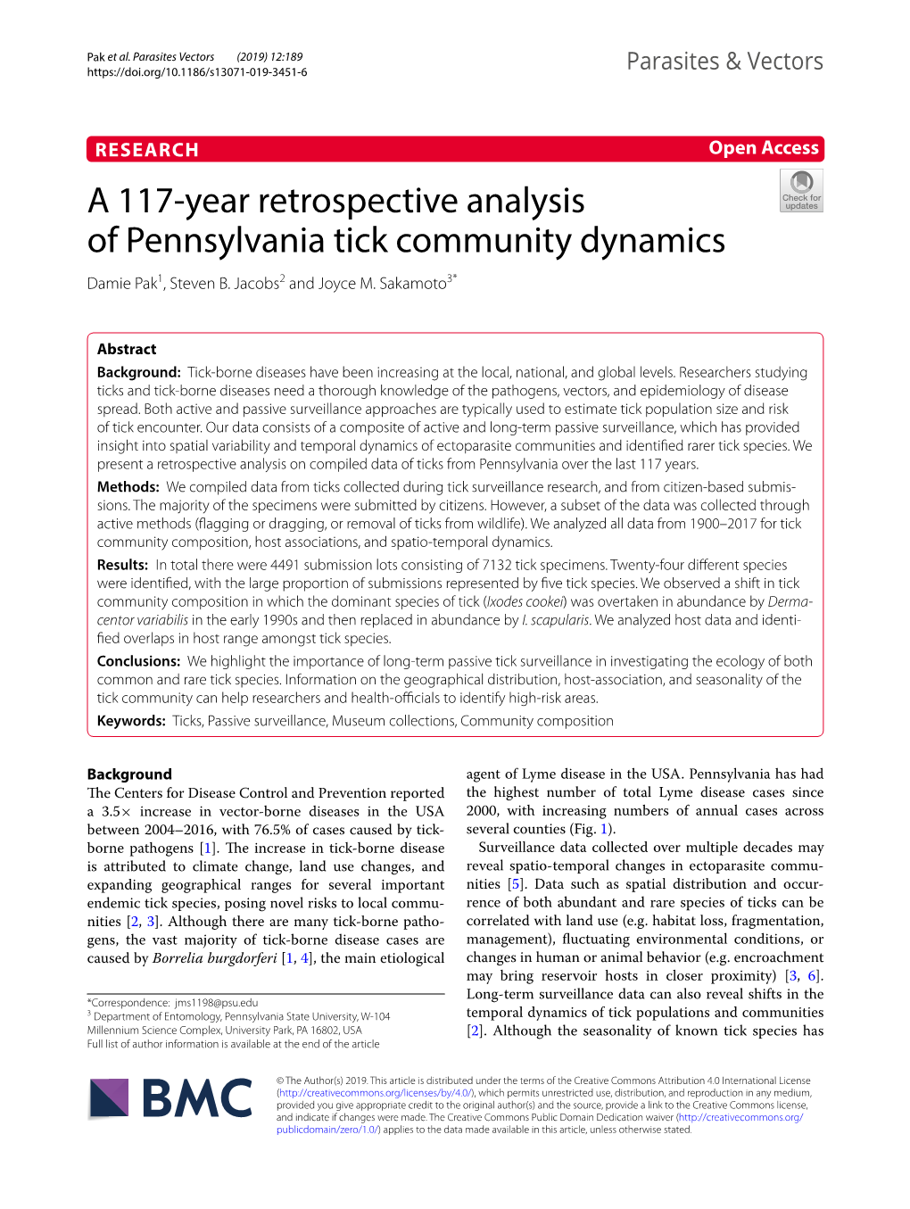 A 117-Year Retrospective Analysis of Pennsylvania Tick Community