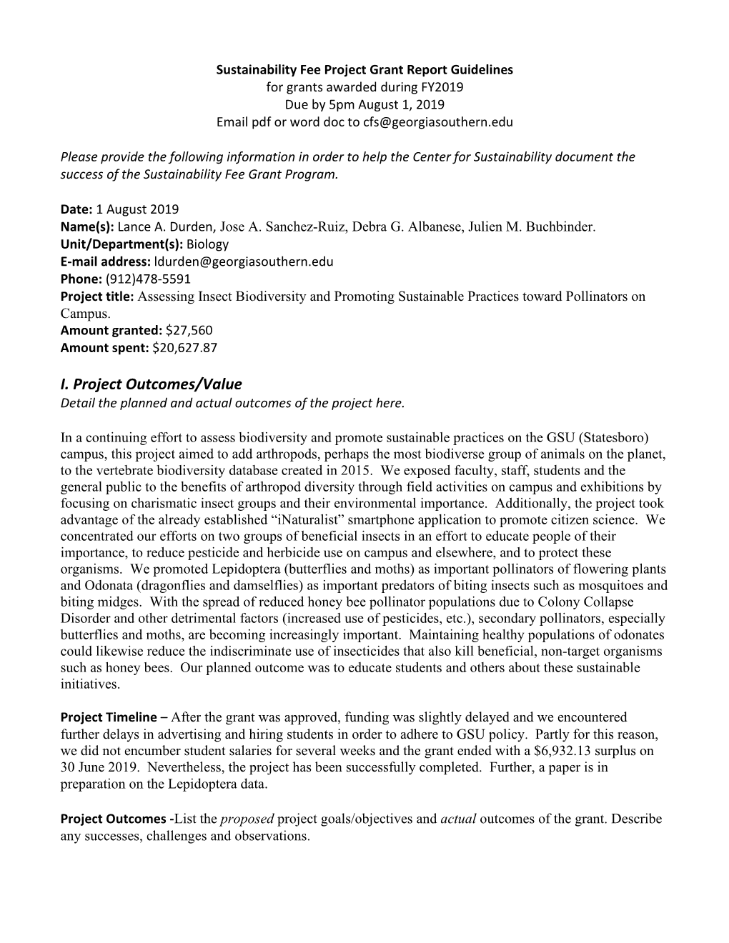 Assessing Insect Biodiversity and Promoting Sustainable Practices Toward Pollinators on Campus