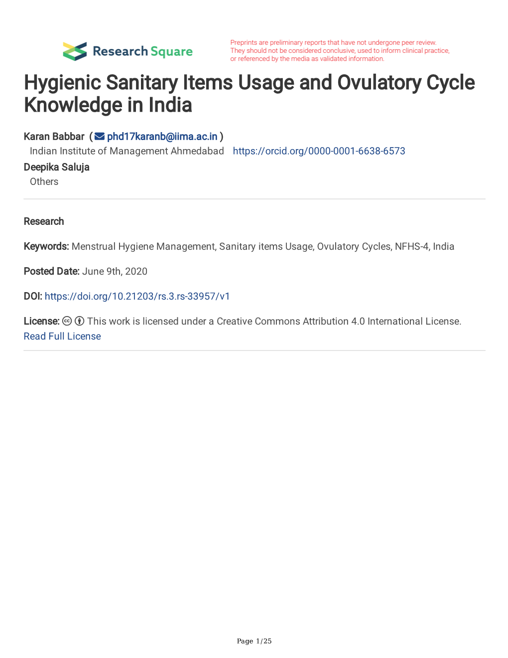 Hygienic Sanitary Items Usage and Ovulatory Cycle Knowledge in India