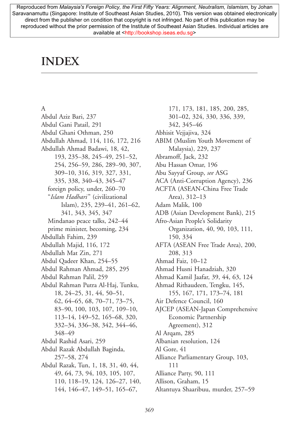 A Abdul Aziz Bari, 237 Abdul Gani Patail, 291 Abdul Ghani Othman, 250 Abdullah Ahmad, 114, 116, 172, 216 Abdullah Ahmad Badawi