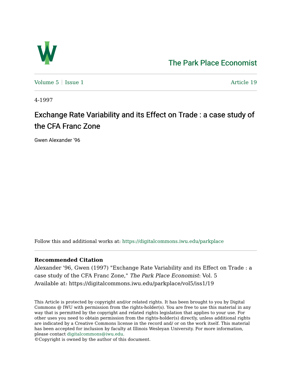 Exchange Rate Variability and Its Effect on Trade : a Case Study of the CFA Franc Zone