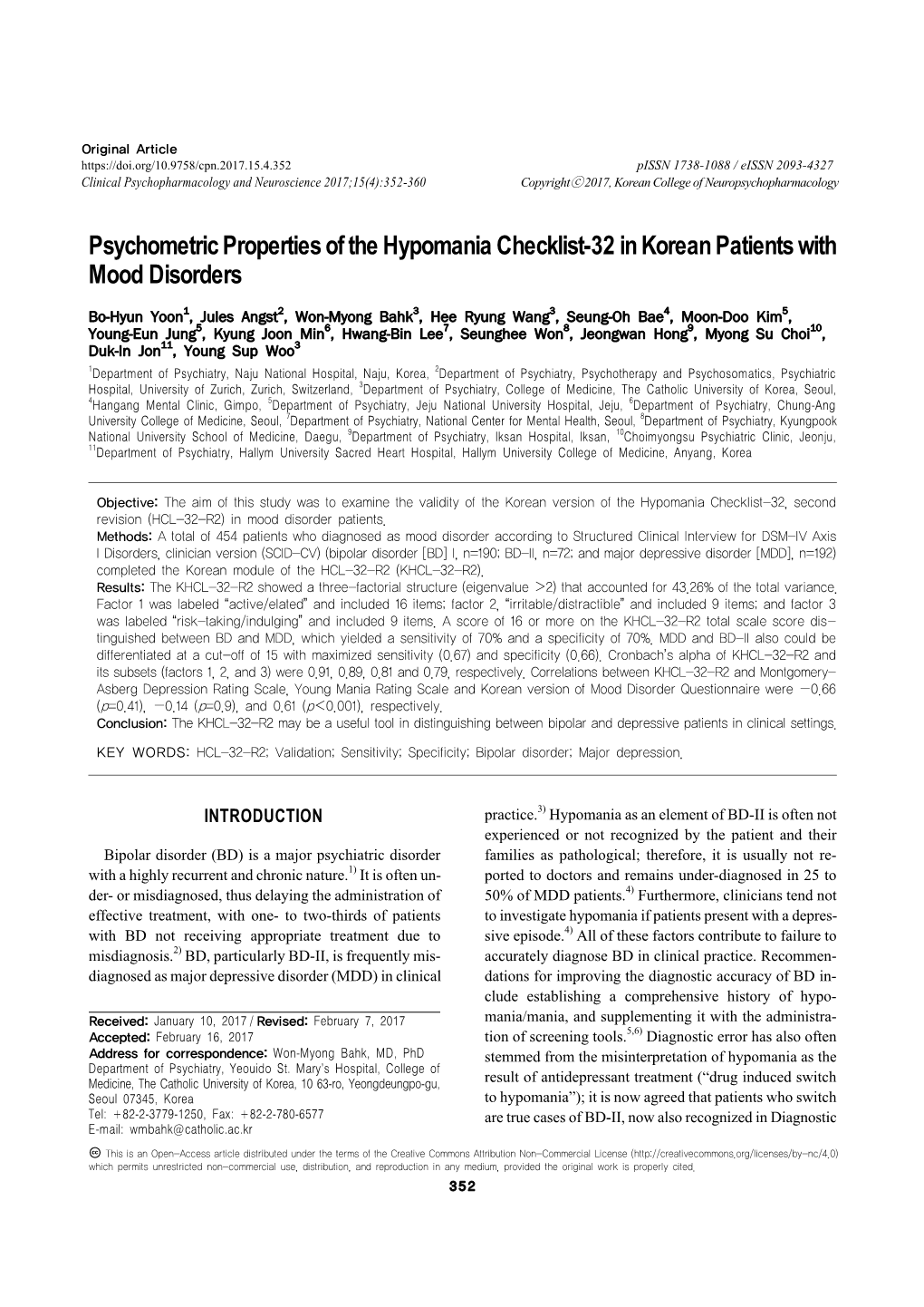 Psychometric Properties of the Hypomania Checklist-32 in Korean Patients with Mood Disorders