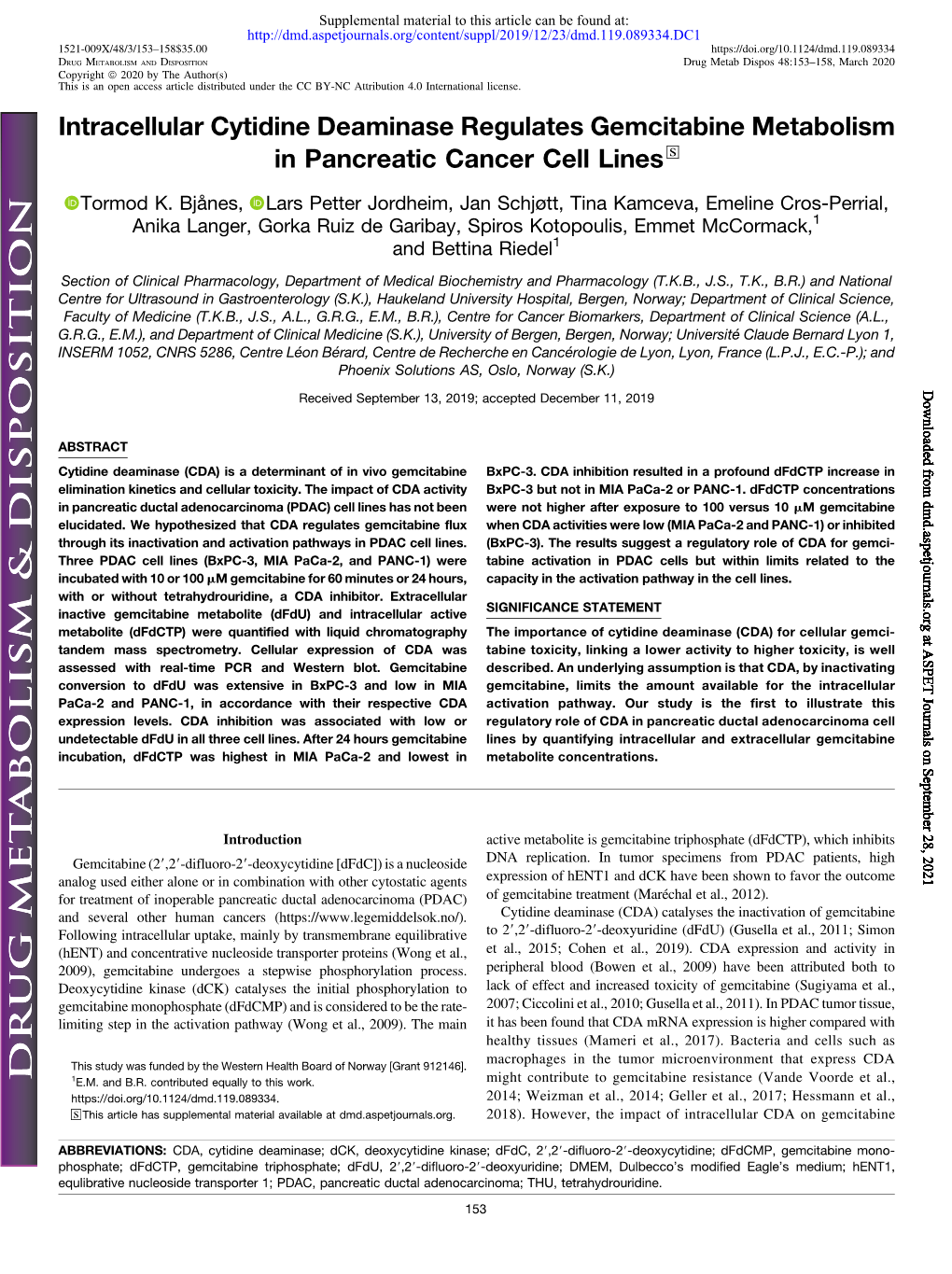 Intracellular Cytidine Deaminase Regulates Gemcitabine Metabolism in Pancreatic Cancer Cell Lines S