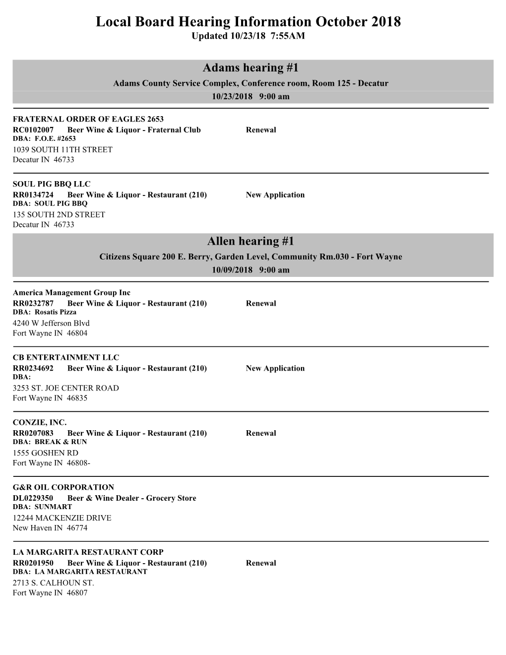 Local Board Hearing Information October 2018 Updated 10/23/18 7:55AM