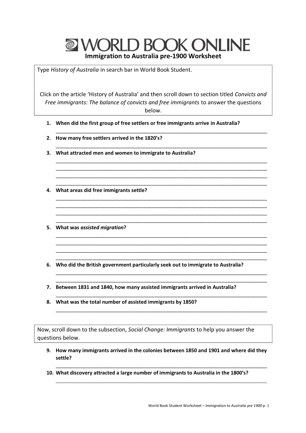 Immigration to Australia Pre-1900 Worksheet