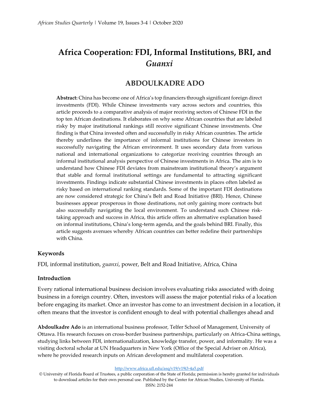 Africa Cooperation: FDI, Informal Institutions, BRI, and Guanxi