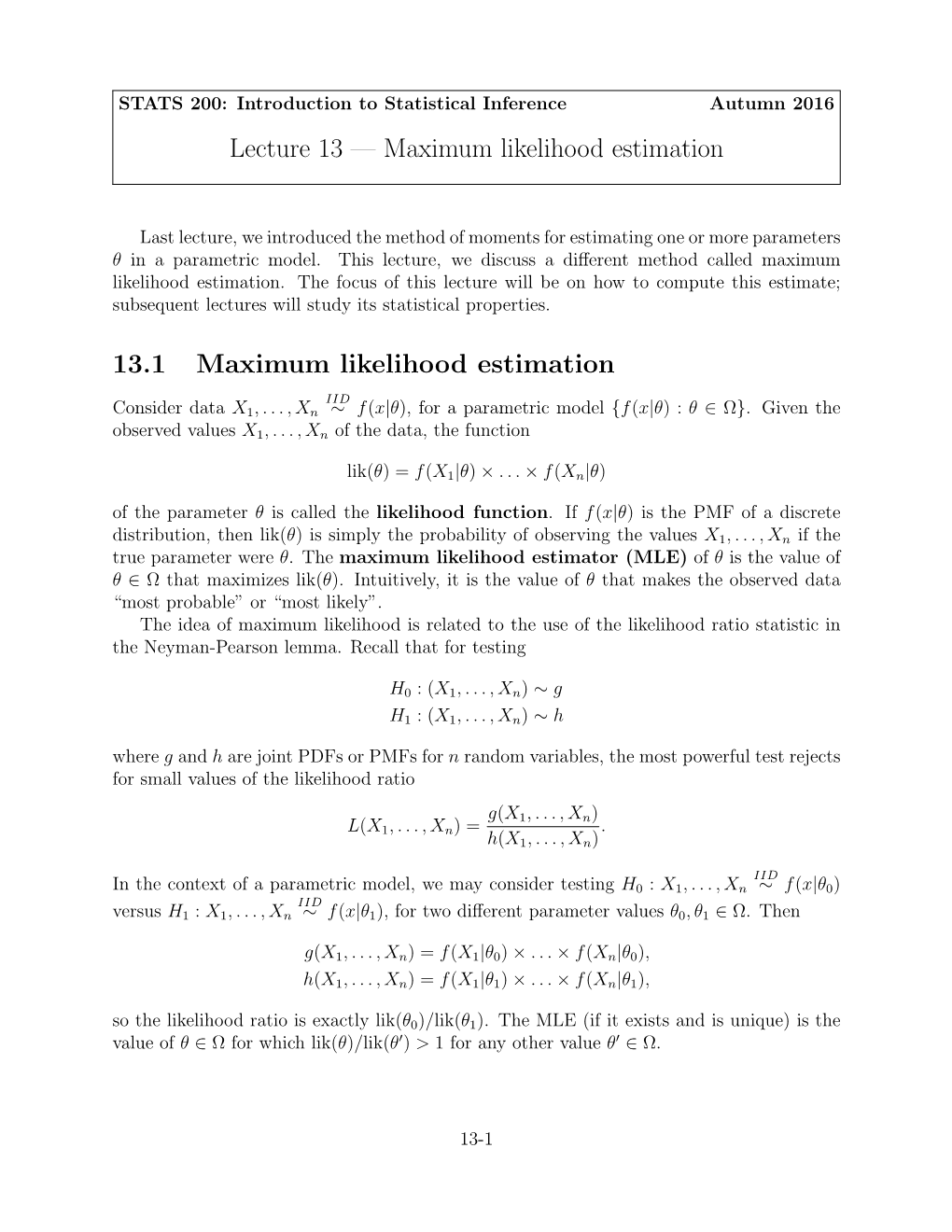 Lecture 13 — Maximum Likelihood Estimation