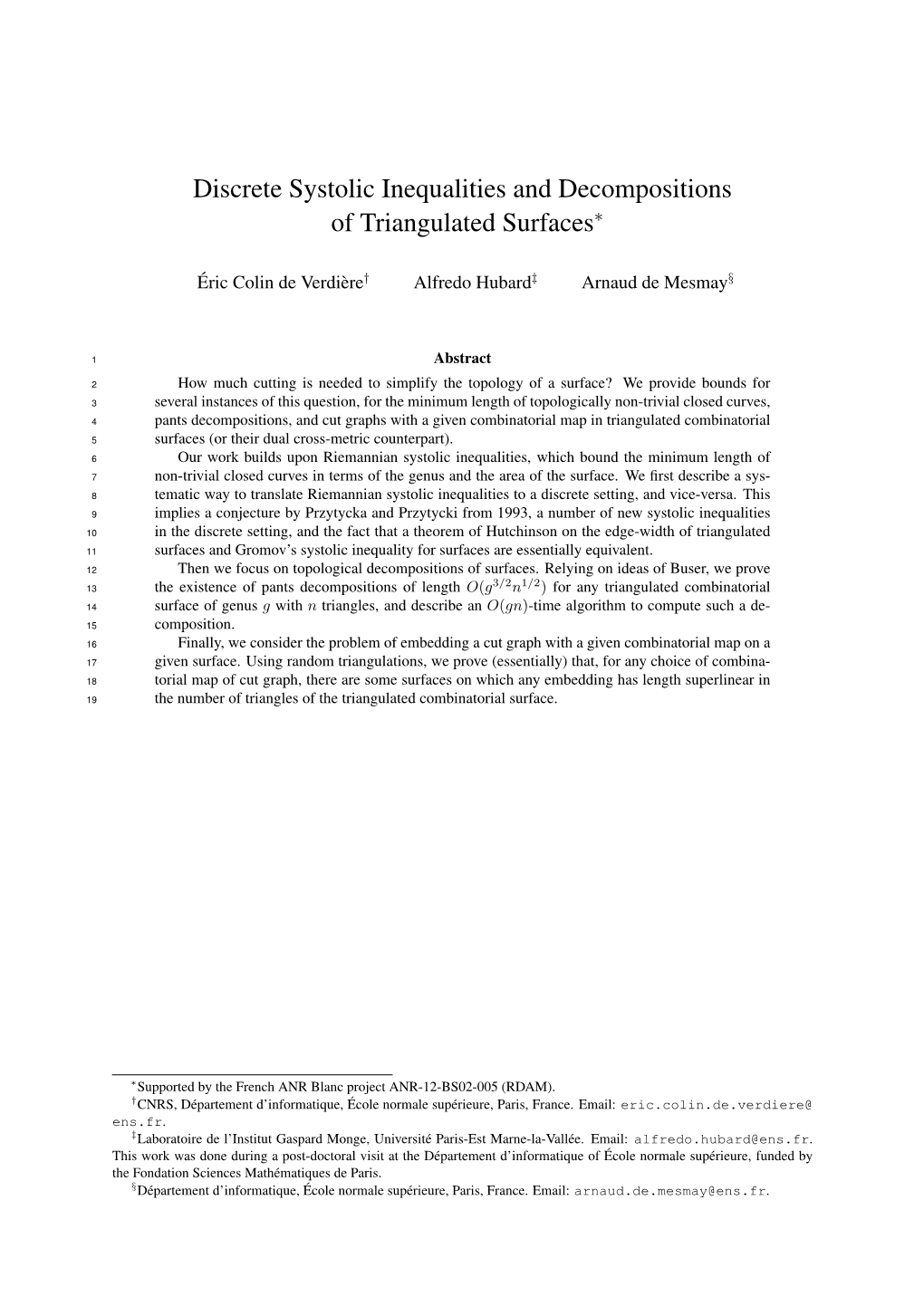 Discrete Systolic Inequalities and Decompositions of Triangulated Surfaces∗