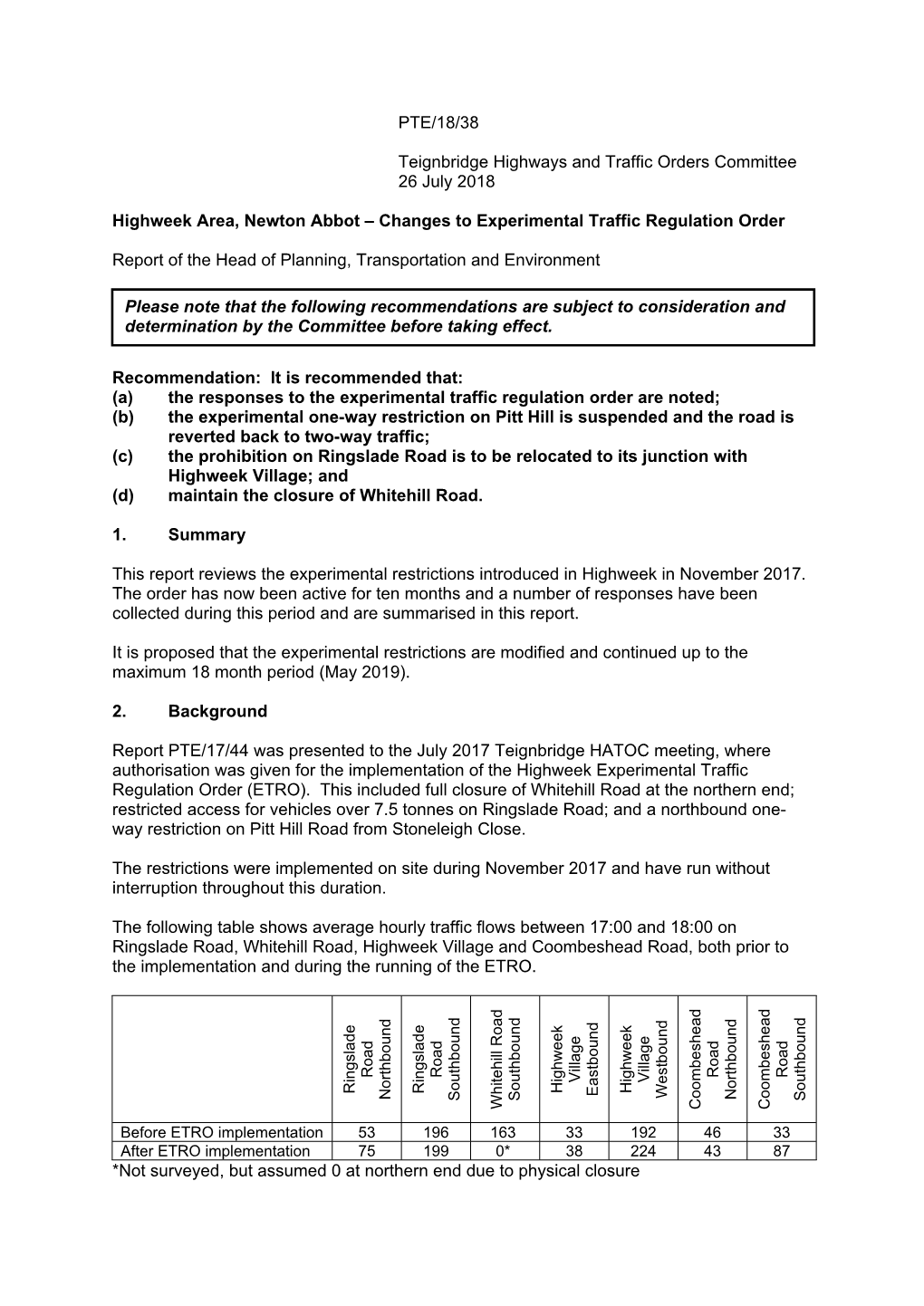 Highweek Area, Newton Abbot – Changes to Experimental Traffic Regulation Order