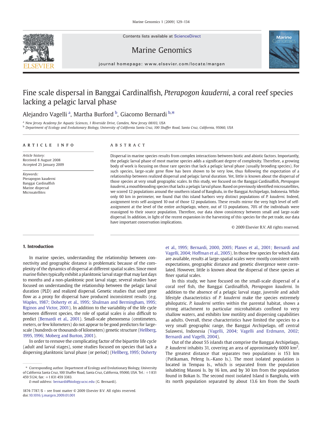 Fine Scale Dispersal in Banggai Cardinalfish, Pterapogon Kauderni