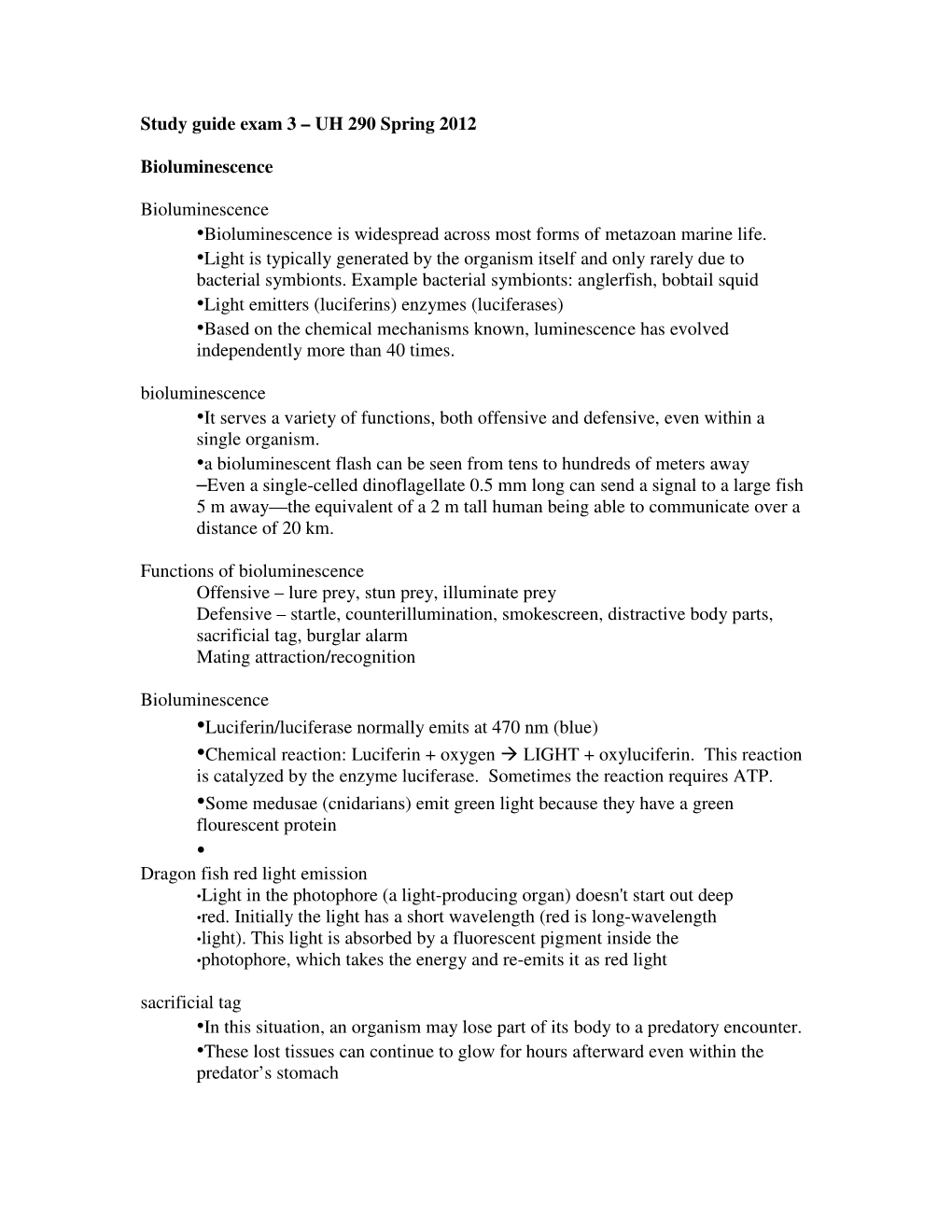 Study Guide Exam 3 – UH 290 Spring 2012 Bioluminescence