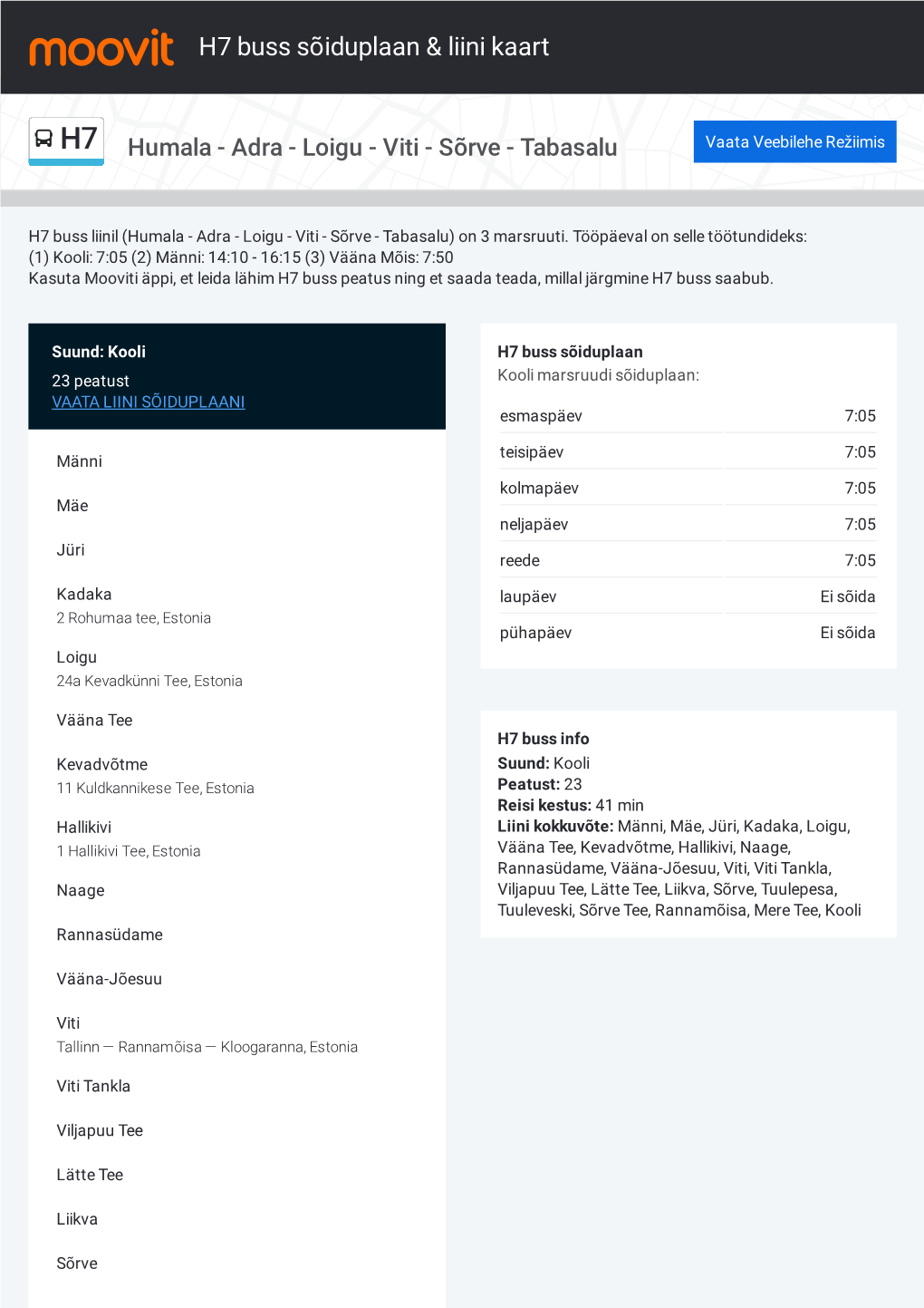 H7 Buss Sõiduplaan & Liini Marsruudi Kaart