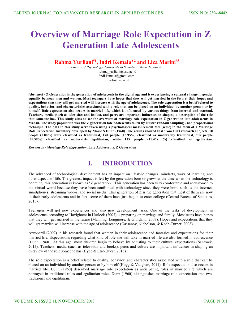 Overview of Marriage Role Expectation in Z Generation Late Adolescents