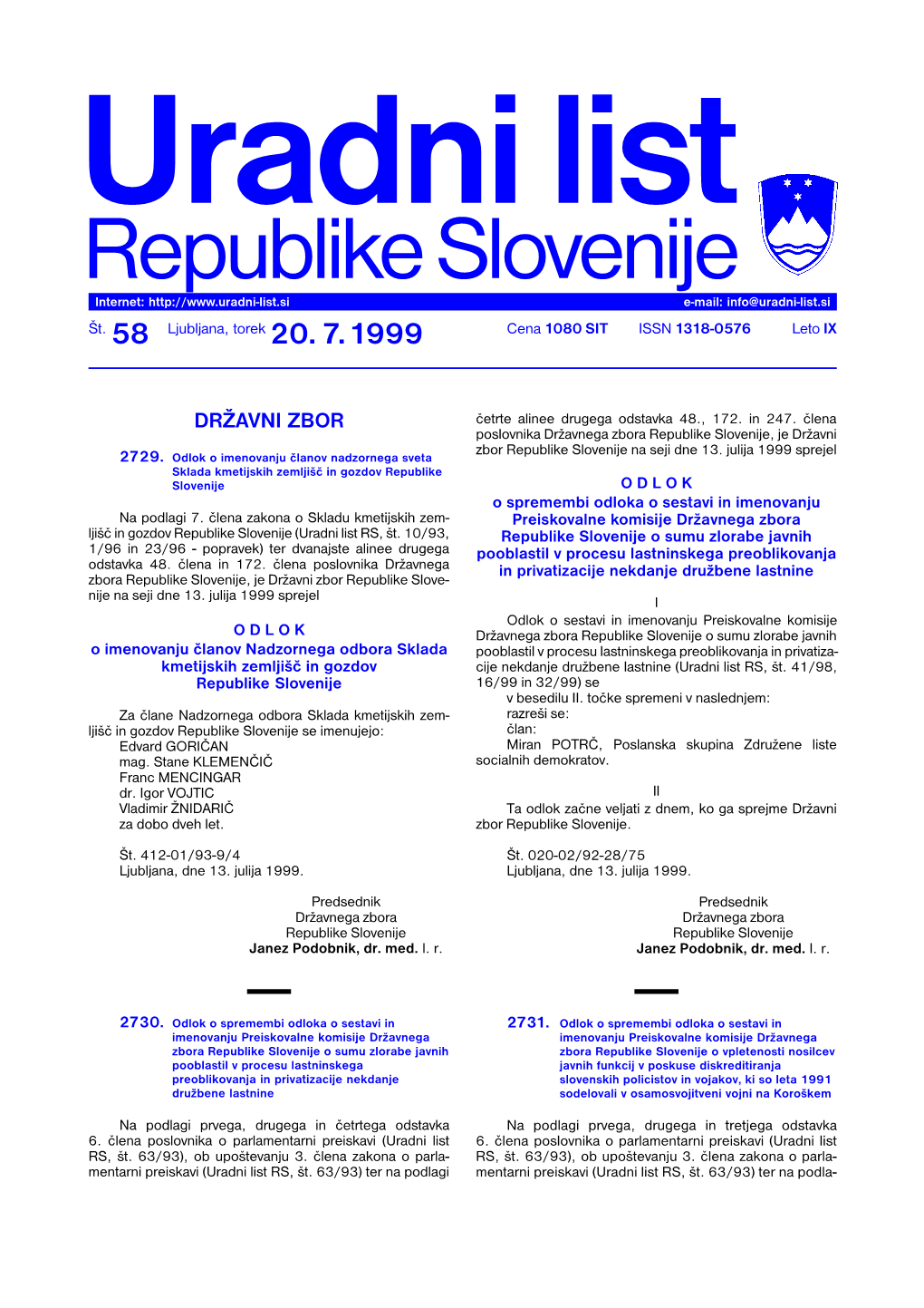 Republike Slovenije Internet: E-Mail: Info@Uradni-List.Si Št