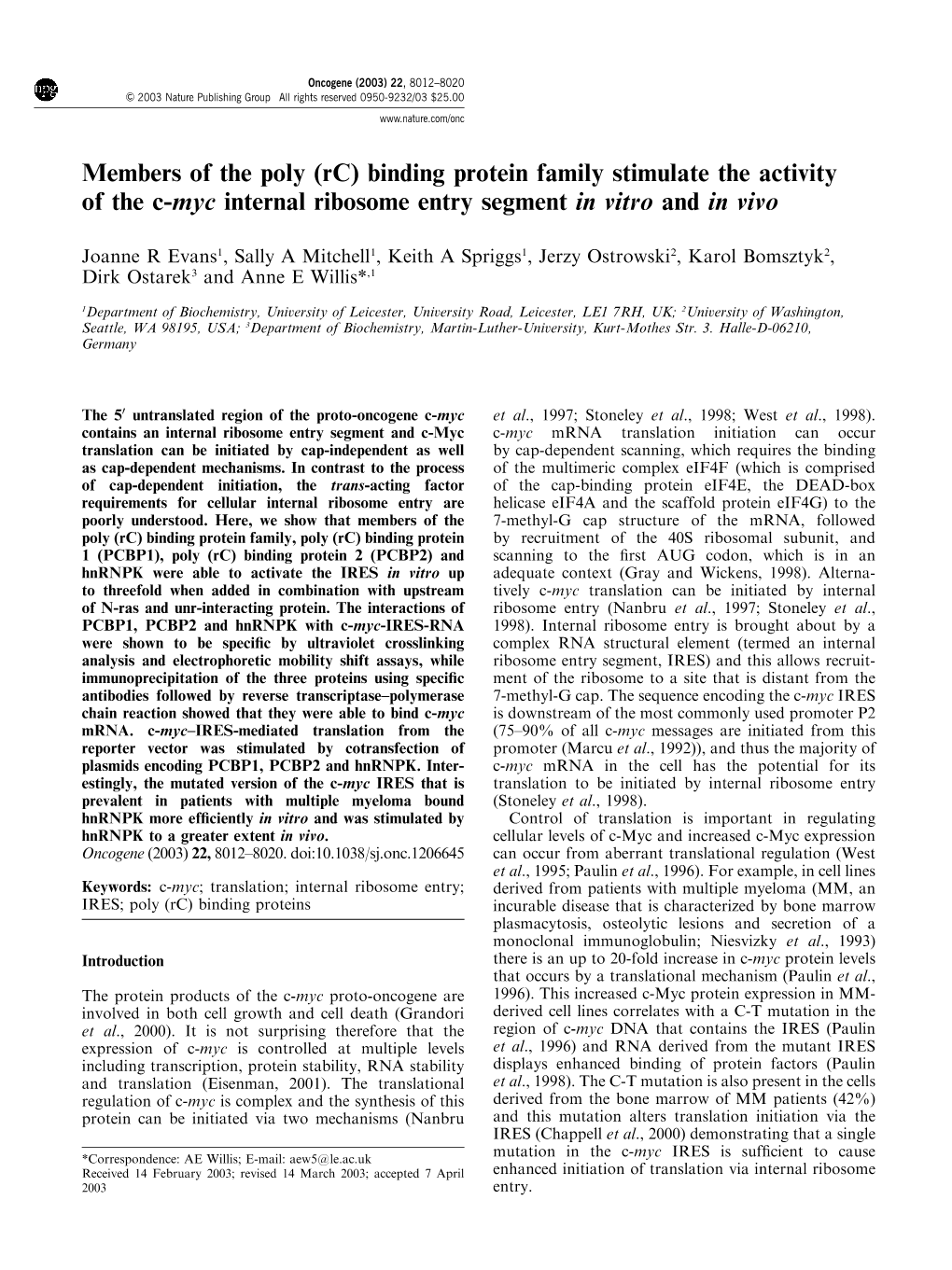 (Rc) Binding Protein Family Stimulate the Activity of the C-Myc Internal Ribosome Entry Segment in Vitro and in Vivo