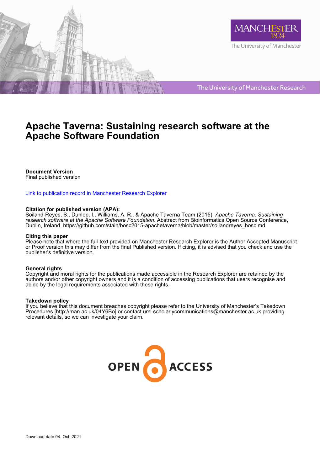 Apache Taverna: Sustaining Research Software at the Apache Software Foundation