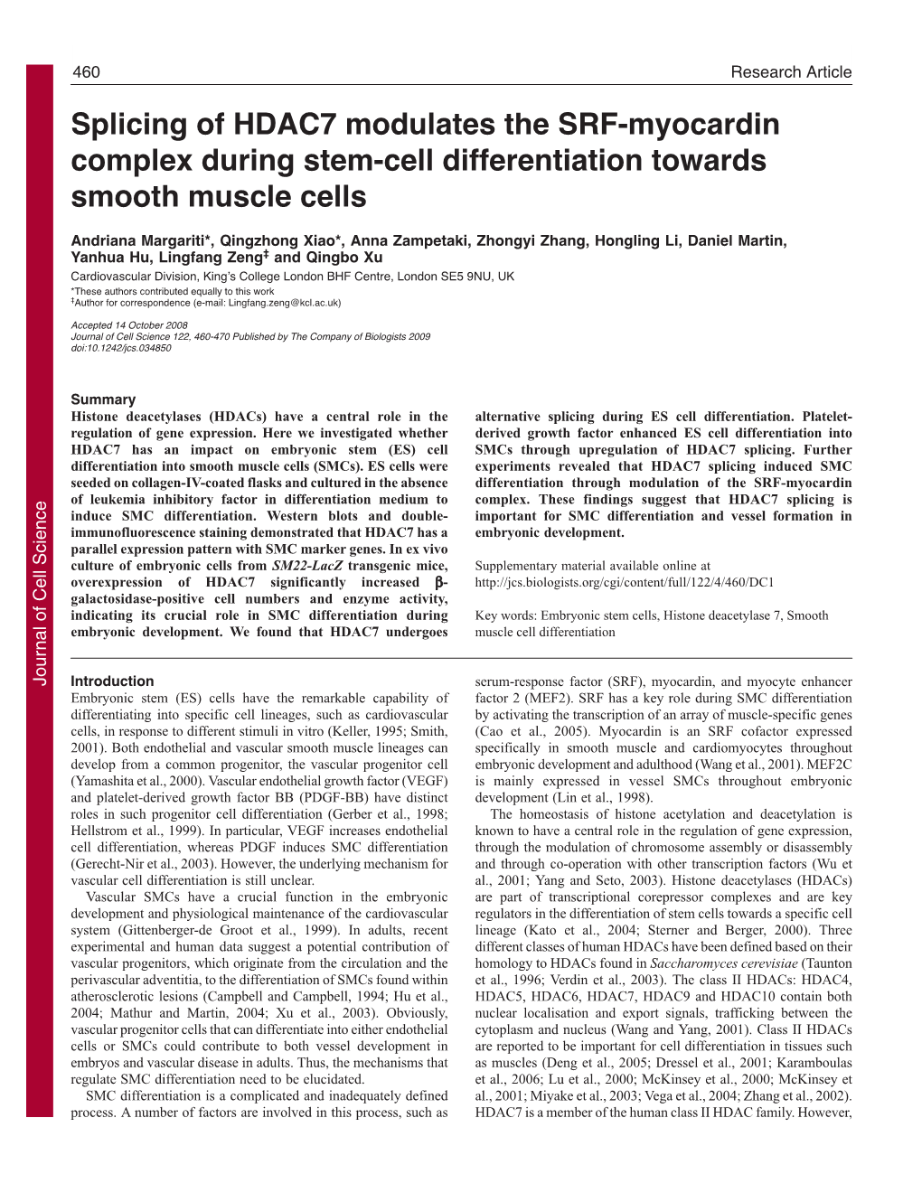 Splicing of HDAC7 Modulates the SRF-Myocardin Complex During Stem-Cell Differentiation Towards Smooth Muscle Cells