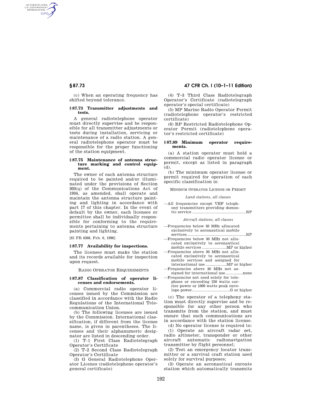 47 CFR Ch. I (10–1–11 Edition) § 87.73