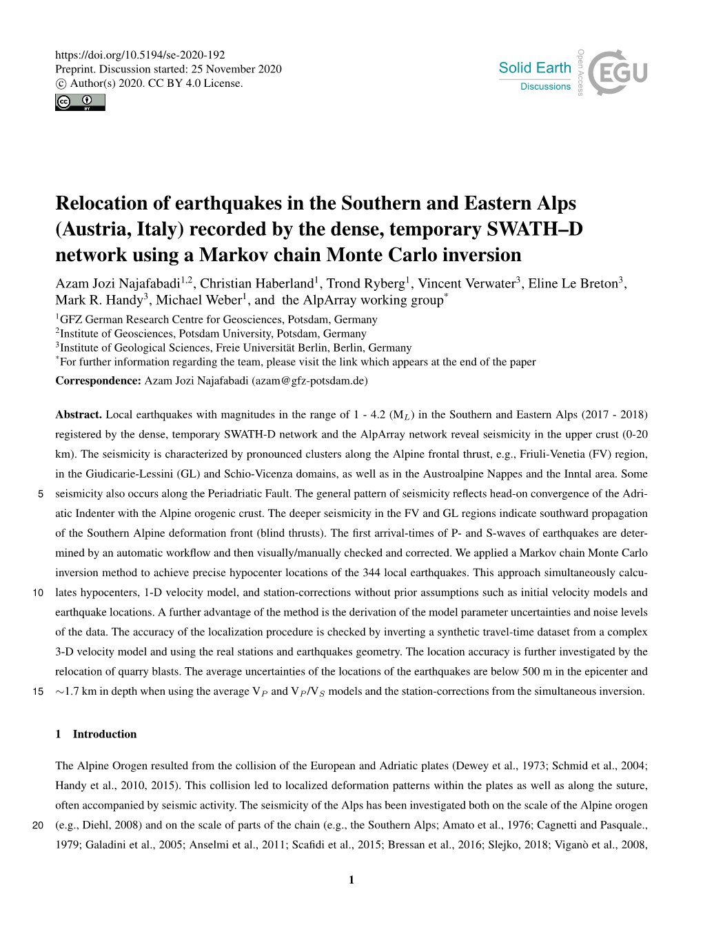 Relocation of Earthquakes in the Southern and Eastern Alps (Austria, Italy) Recorded by the Dense, Temporary SWATH–D Network U