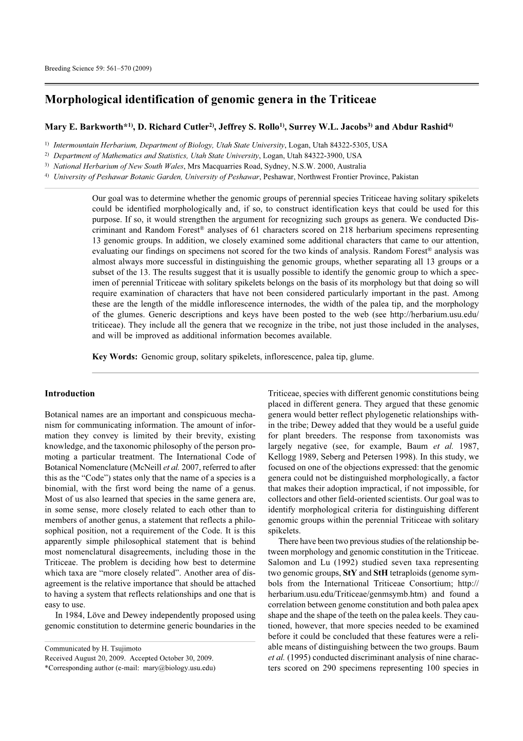 Morphological Identification of Genomic Genera in the Triticeae