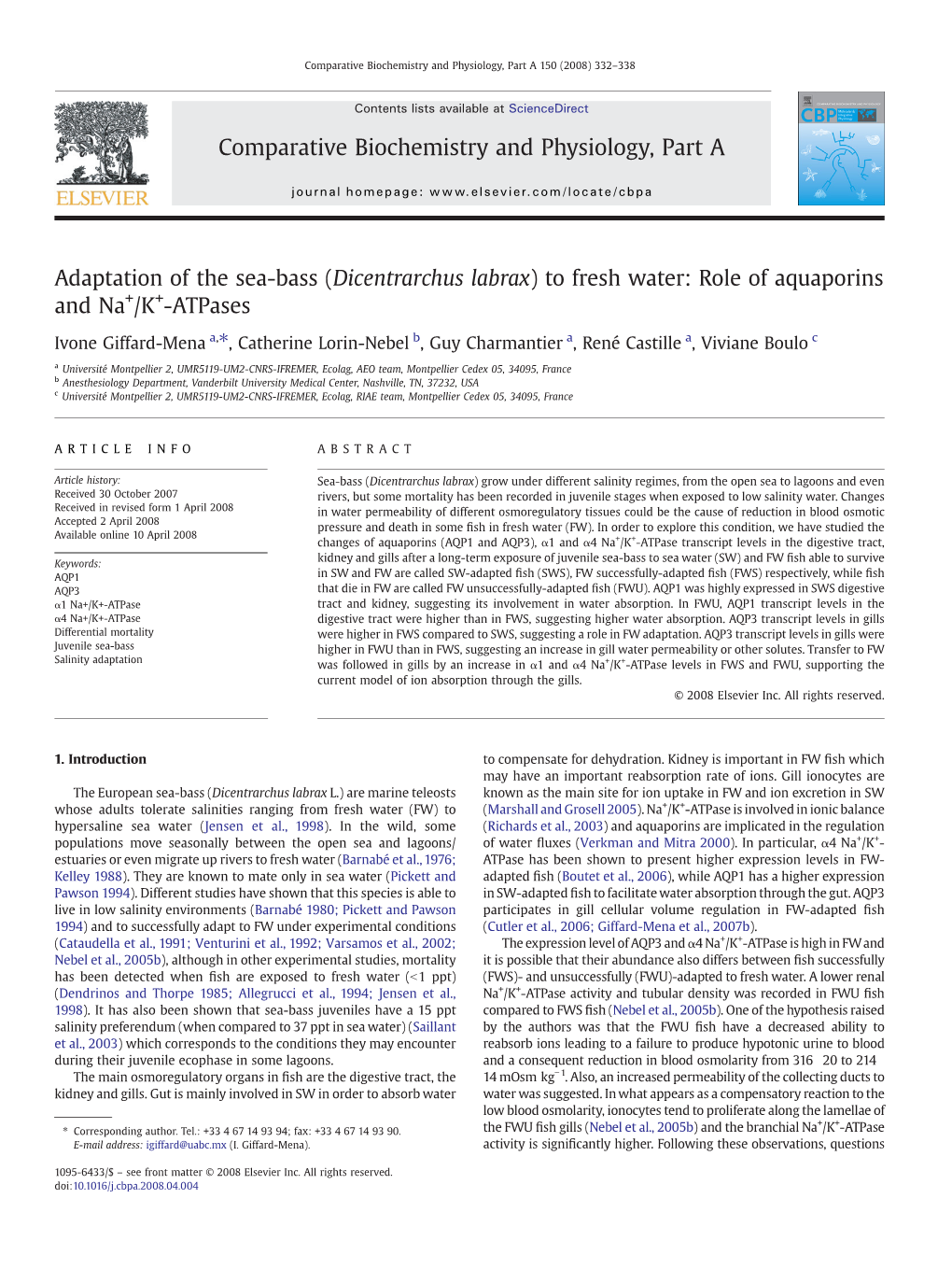 Adaptation of the Sea-Bass (Dicentrarchus Labrax) to Fresh Water: Role of Aquaporins and Na+/K+-Atpases